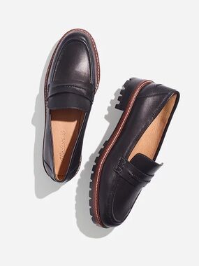 Madewell Black Leather Lug-Trim Penny Loafers